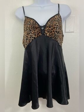 Vintage 90s Y2K Black Leopard Print Spaghetti Strap Mini Dress Satin Babydoll